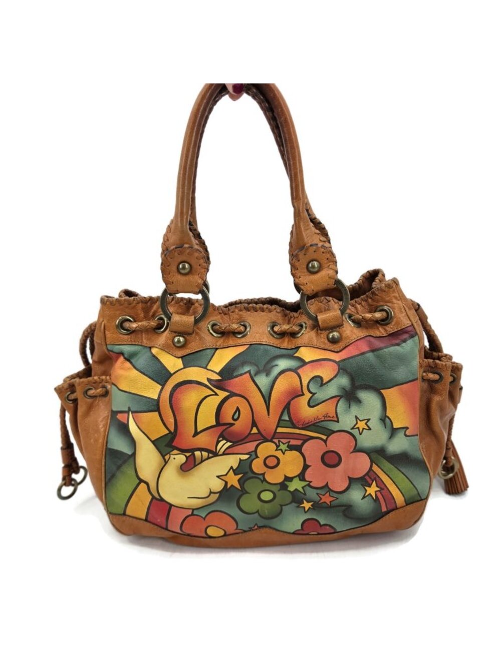 VTG Isabella Fiore Rainbow Love Dove Floral Tattoo Leather Shoulder Bag Purse